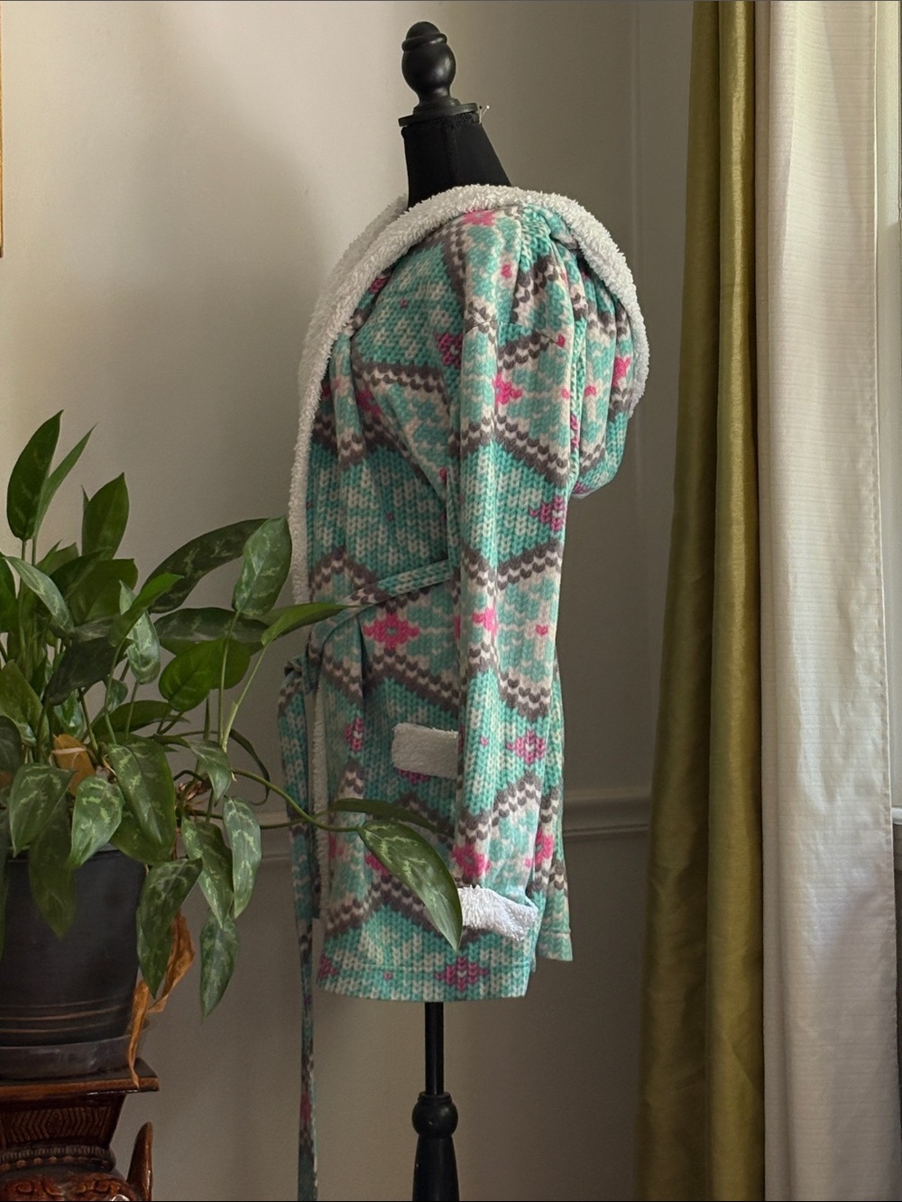 Kids Hooded Knit Robe Jacket - Mint Gray Pink